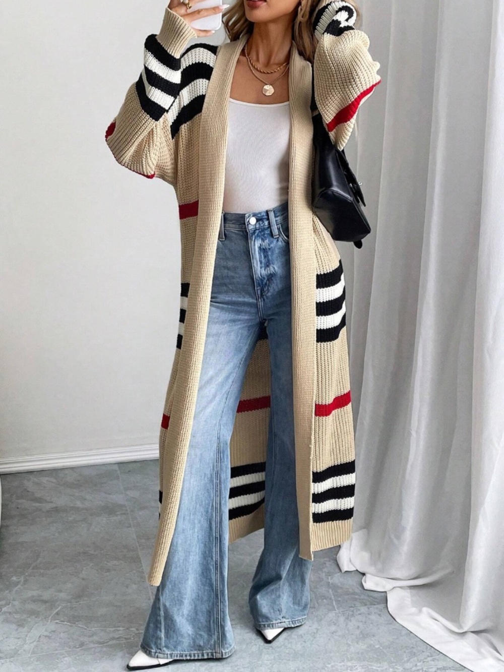 Beige Knit Striped Longline Duster Cardigan Open